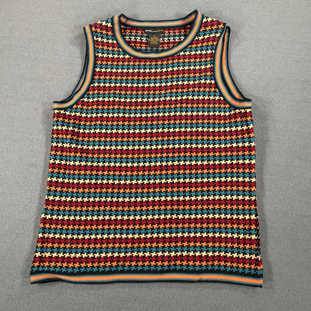 Grace Dane Lewis Vintage Houndstooth Sweater Vest Multi Color Retro Boho Medium